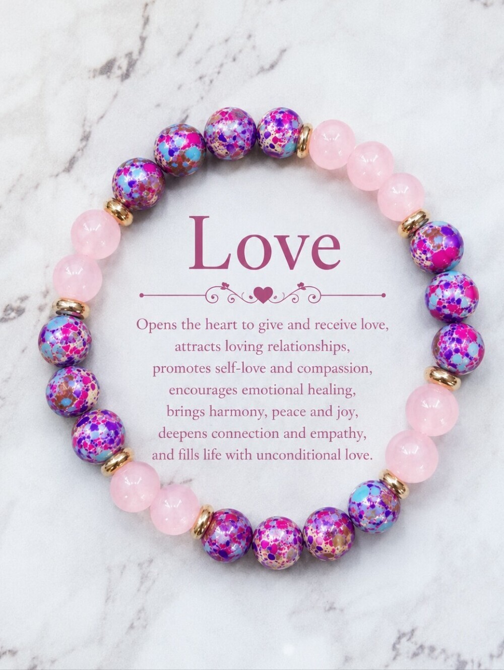Love Crystal Bracelet Rose Quartz Imperial Jasper Beaded Stretch Bracelet Gift